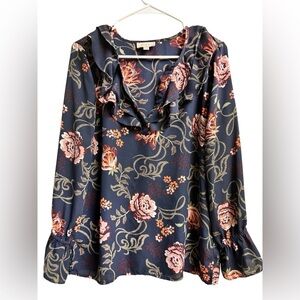 LOFT Outlet Floral Ruffle Blouse Women’s M Navy Long Sleeve Lightweight Top